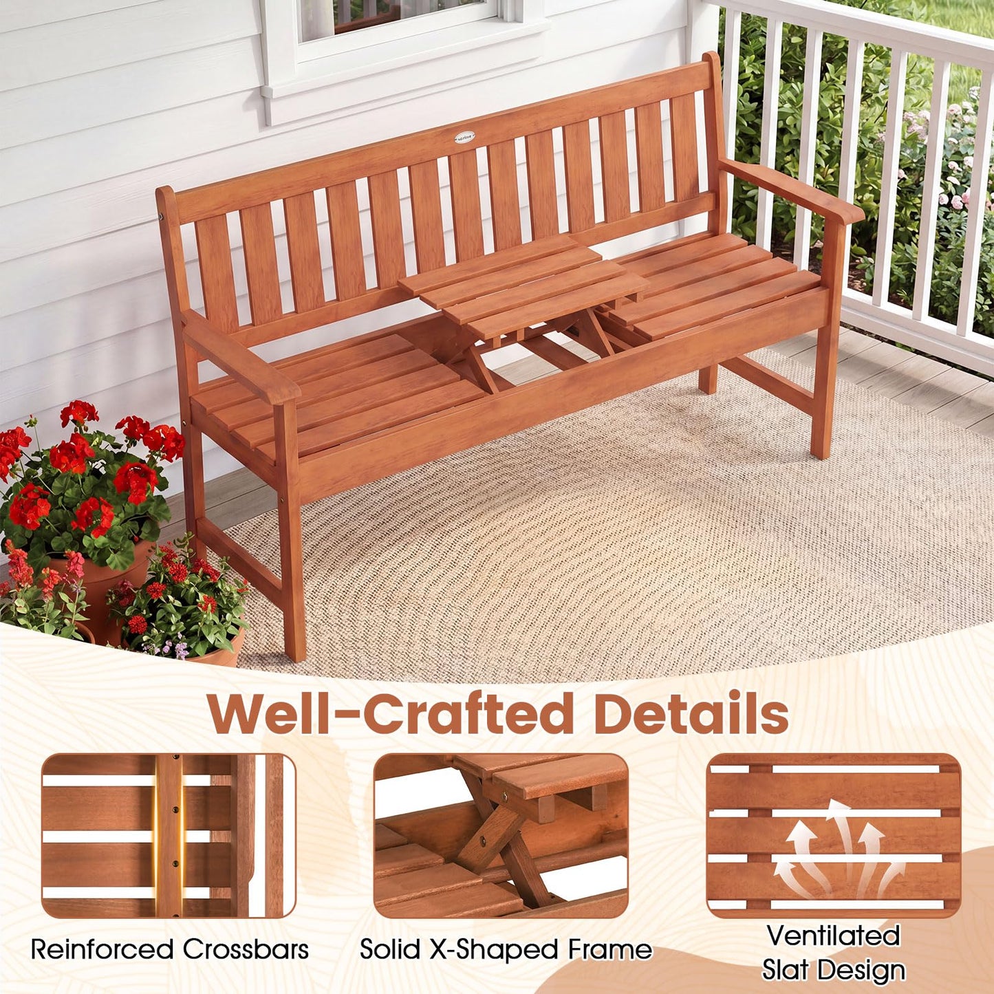 Tangkula 59" Wood Outdoor Bench with Pull