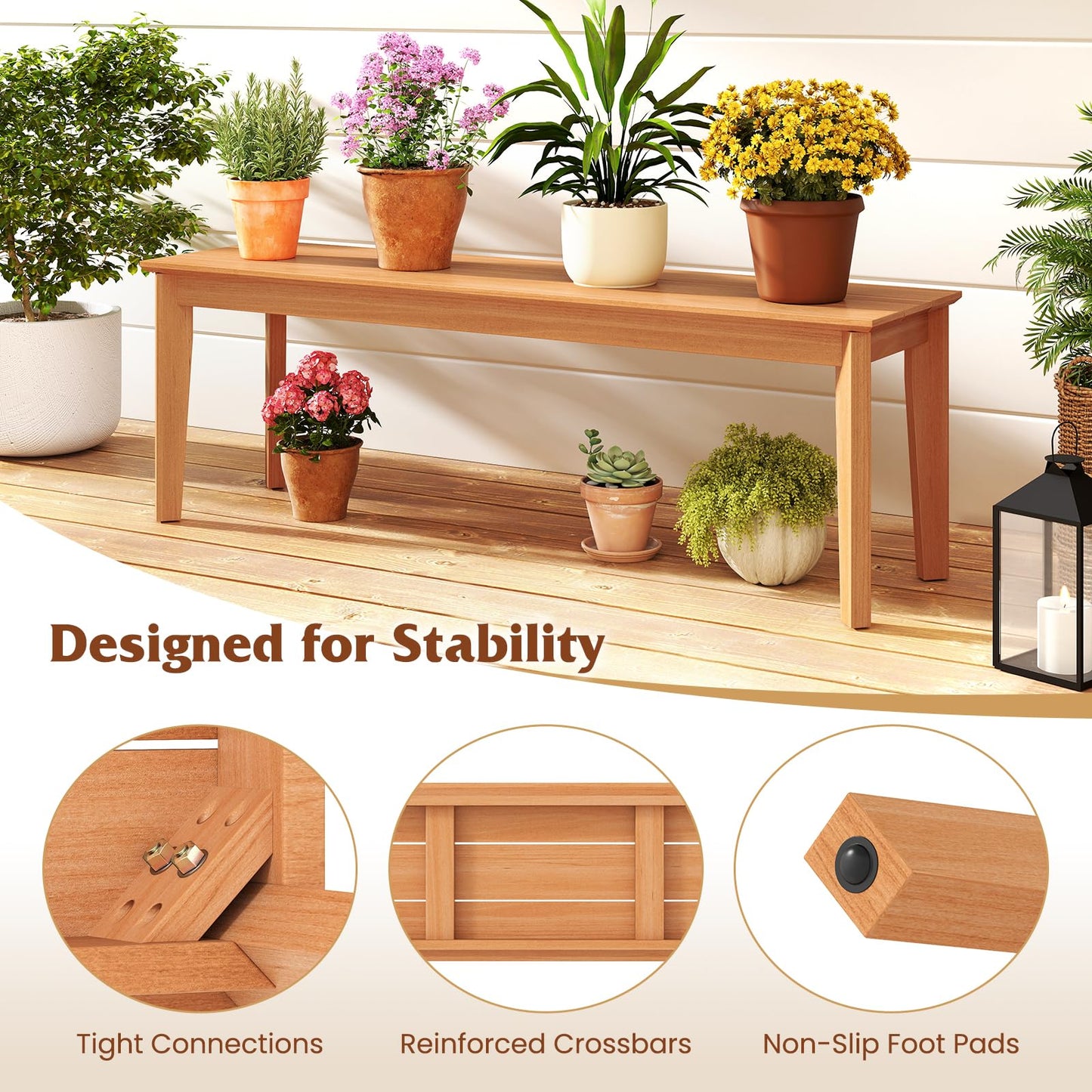 Tangkula 55" Teak Wood Bench 3-Person Backless Seating