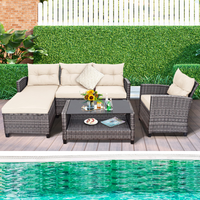 Tangkula 4 Pieces Rattan Conversation Set, Patiojoy Outdoor Furniture Set with Cushions, Lounge Sofa Set with Coffee Table