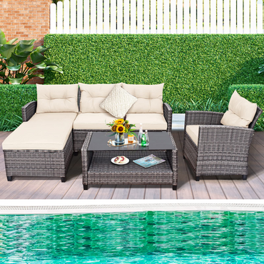 Tangkula 4 Pieces Rattan Conversation Set, Patiojoy Outdoor Furniture Set with Cushions, Lounge Sofa Set with Coffee Table