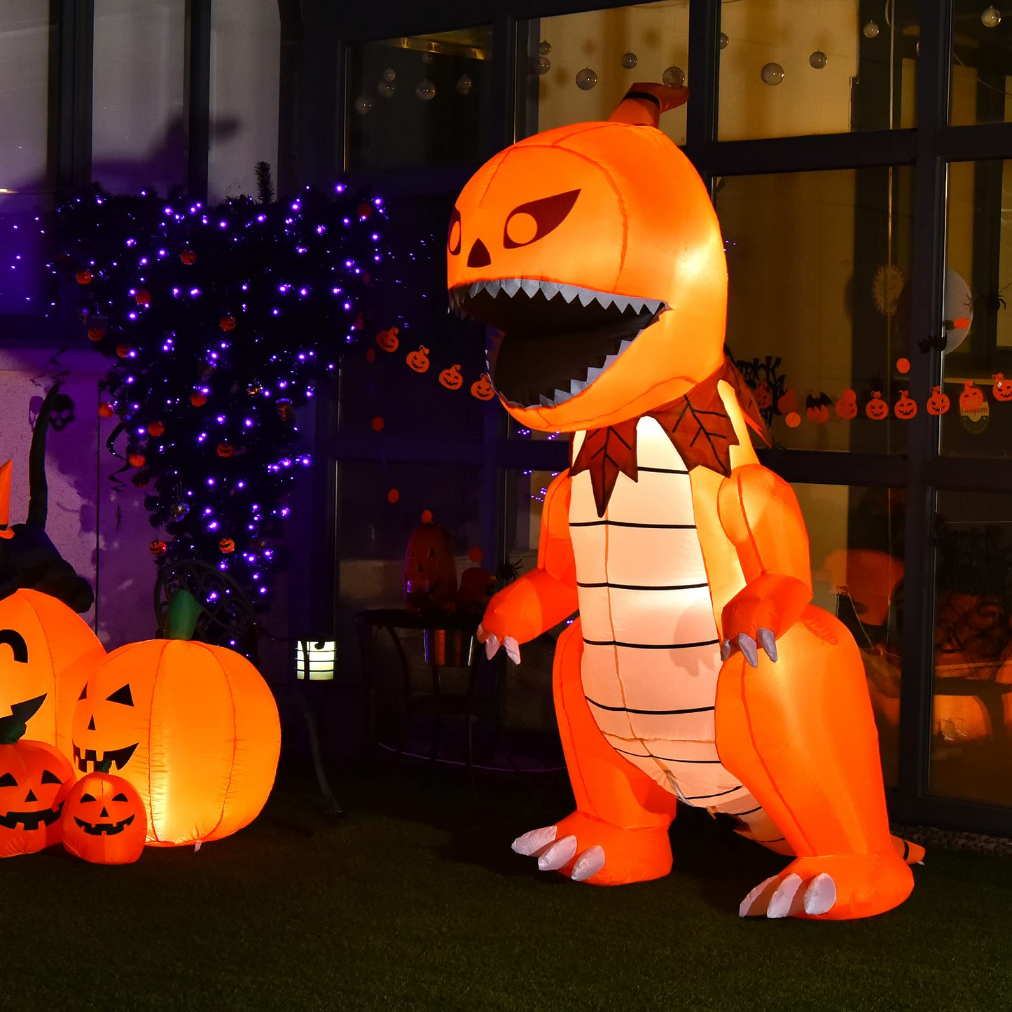 Tangkula 8 FT Halloween Inflatables Pumpkin Head Dinosaur, Large Blow Up Halloween Dinosaur with LED Lights & 4 Stakes