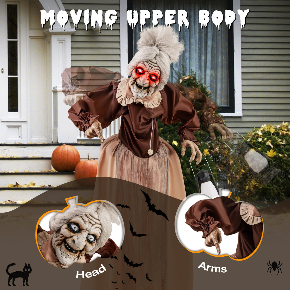 Tangkula Vieille Dame Animée d'Halloween de 1,5 m Tenant une Lanterne, Zombie Animatronique avec Yeux Rouges Lumineux à LED