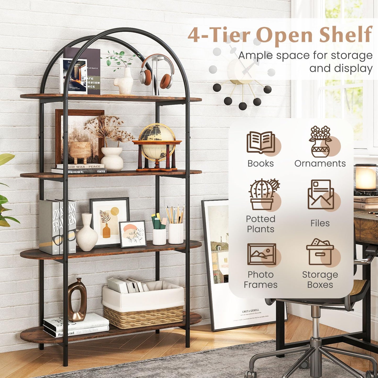 Tangkula 4 Tier Arched Bookshelf 61.5” Industrial Modern Freestanding Storage Rack (1 Pack/2 Pack)