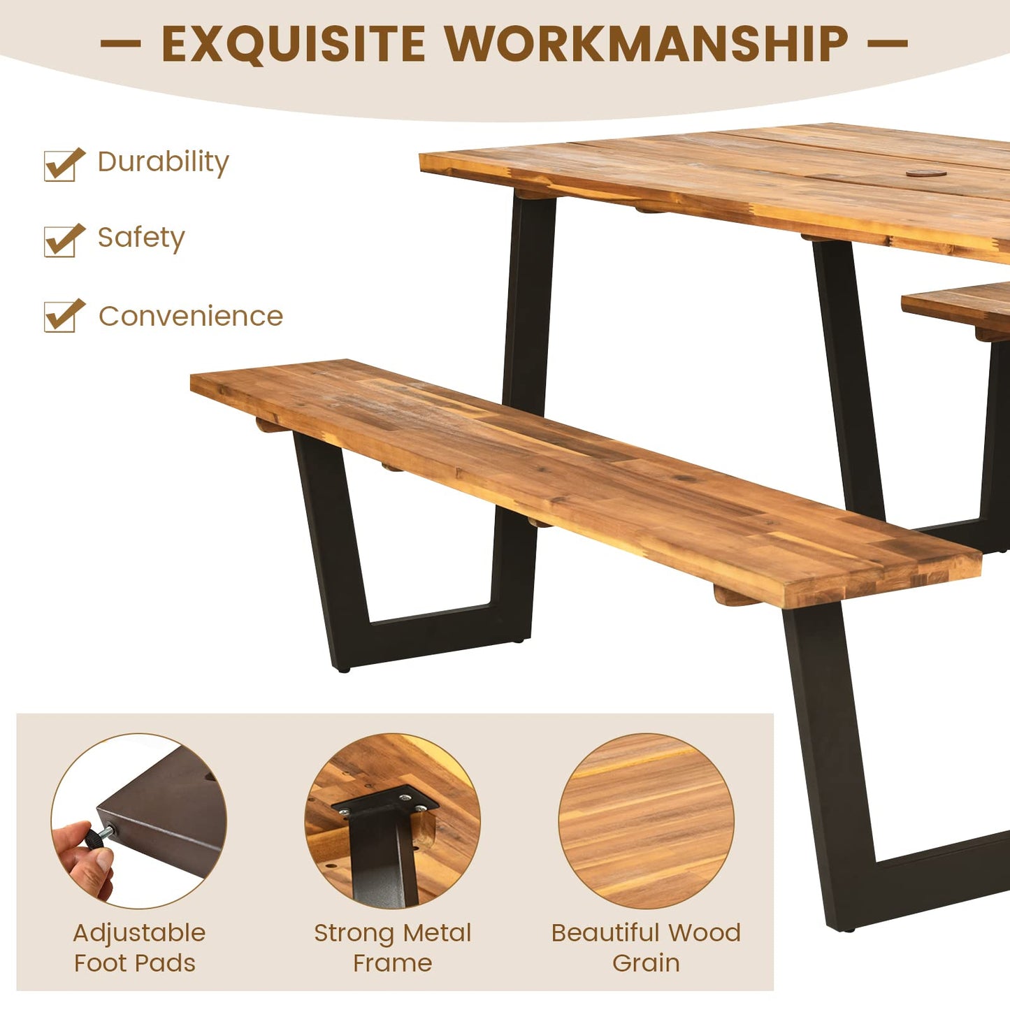 Tangkula Wooden Picnic Table with 2 Built-in Benches