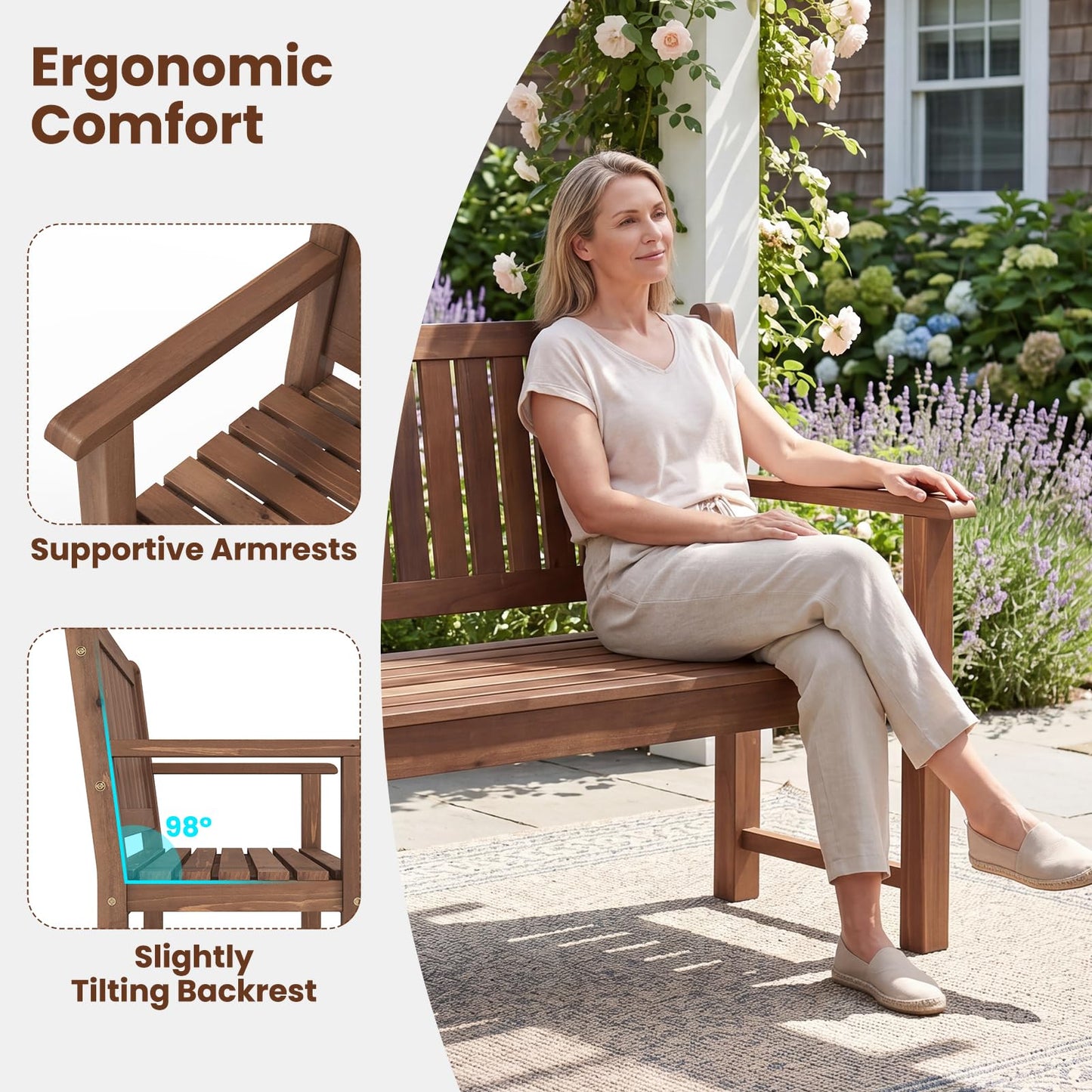 Tangkula 3-Seater Outdoor Wooden Bench | 59" Large Garden Bench with Backrest & Armrests