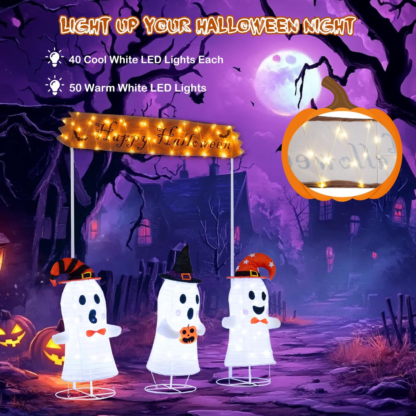 Tangkula Halloween Lighted 3 Pop up Ghosts with Gate