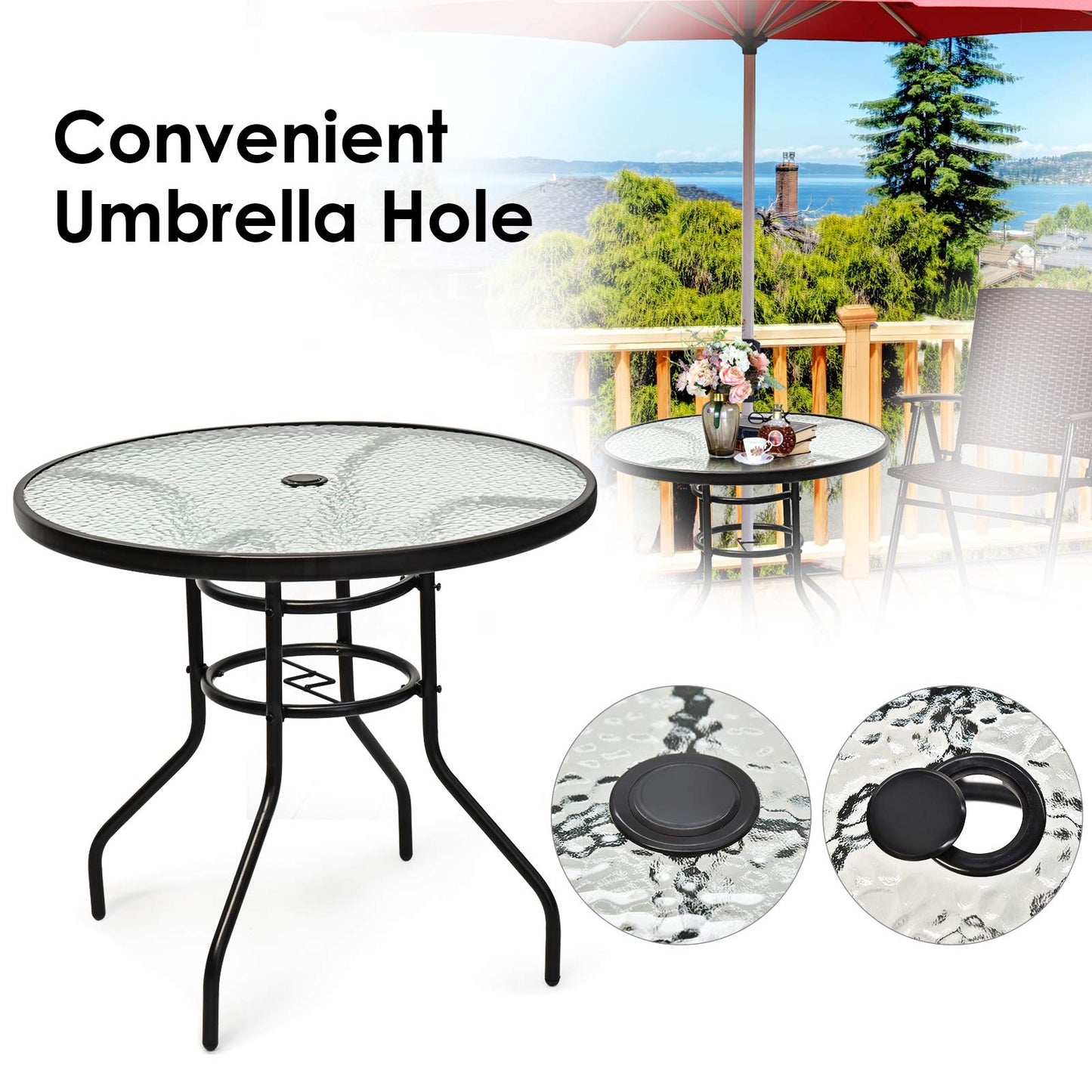 Tangkula 32" Round Outdoor Table with Tempered Glass Top