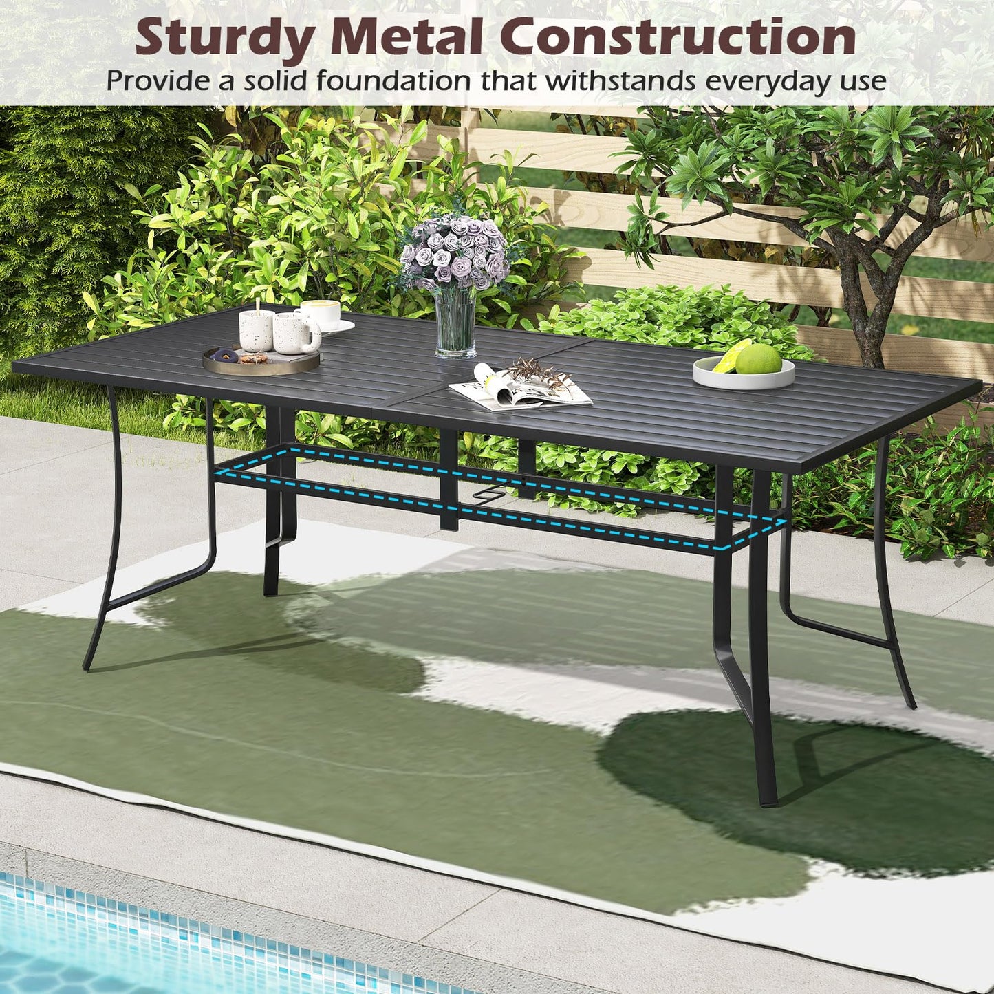 Tangkula 76” Rectangular Patio Table with Umbrella Hole and 8 Swivel Chairs with Heavy-Duty Metal Frame