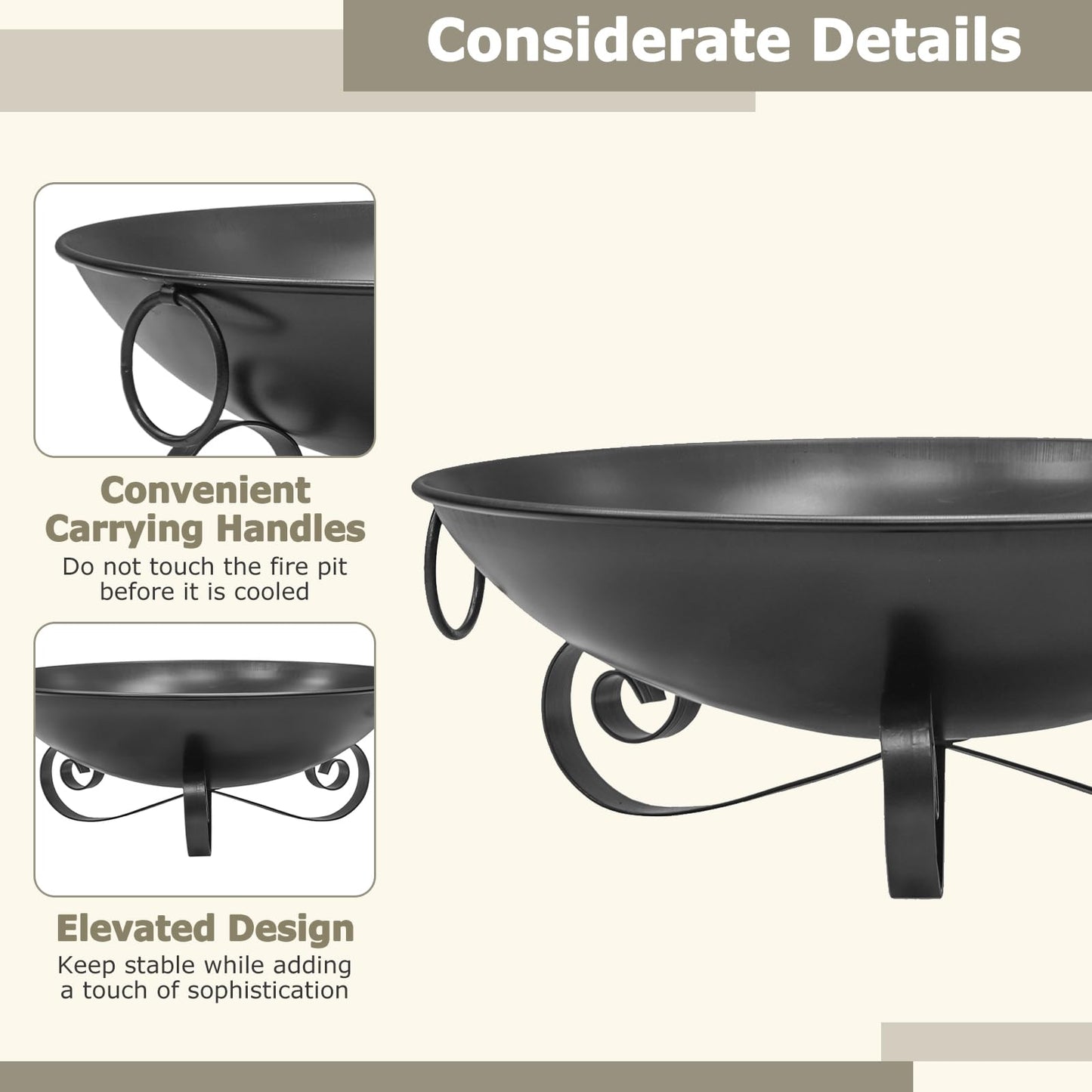 Tangkula 24 Inch Heavy-Duty Metal Fire Bowl with Handles for Outside Wood Burning