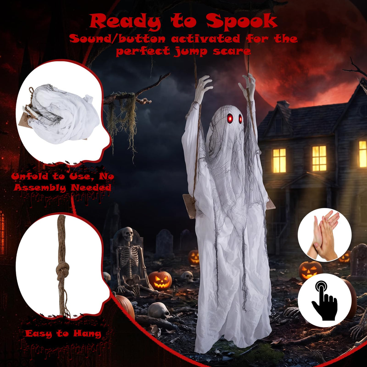 Tangkula 6.6 FT Halloween Animated Swing Ghost with Light up Eyes
