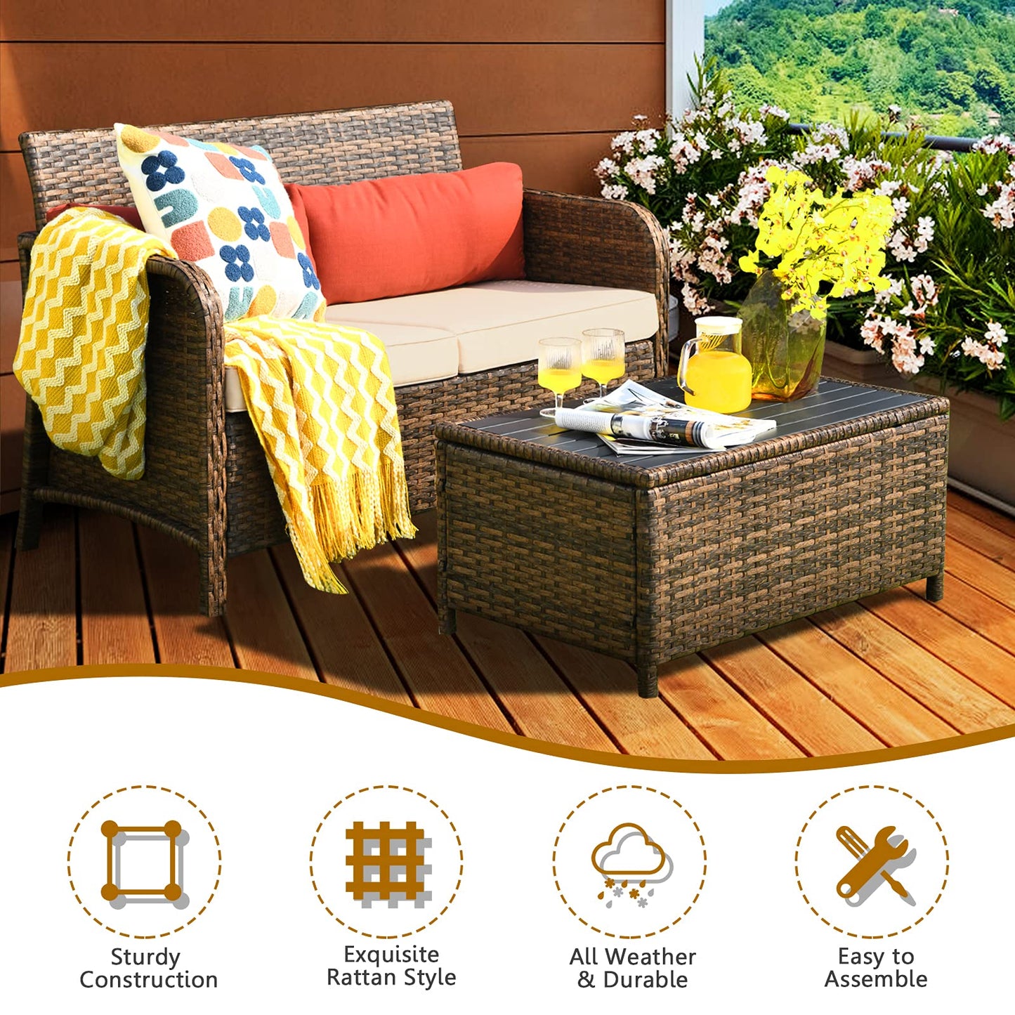 Tangkula 2-Piece Outdoor Rattan Loveseat w/Coffee Table