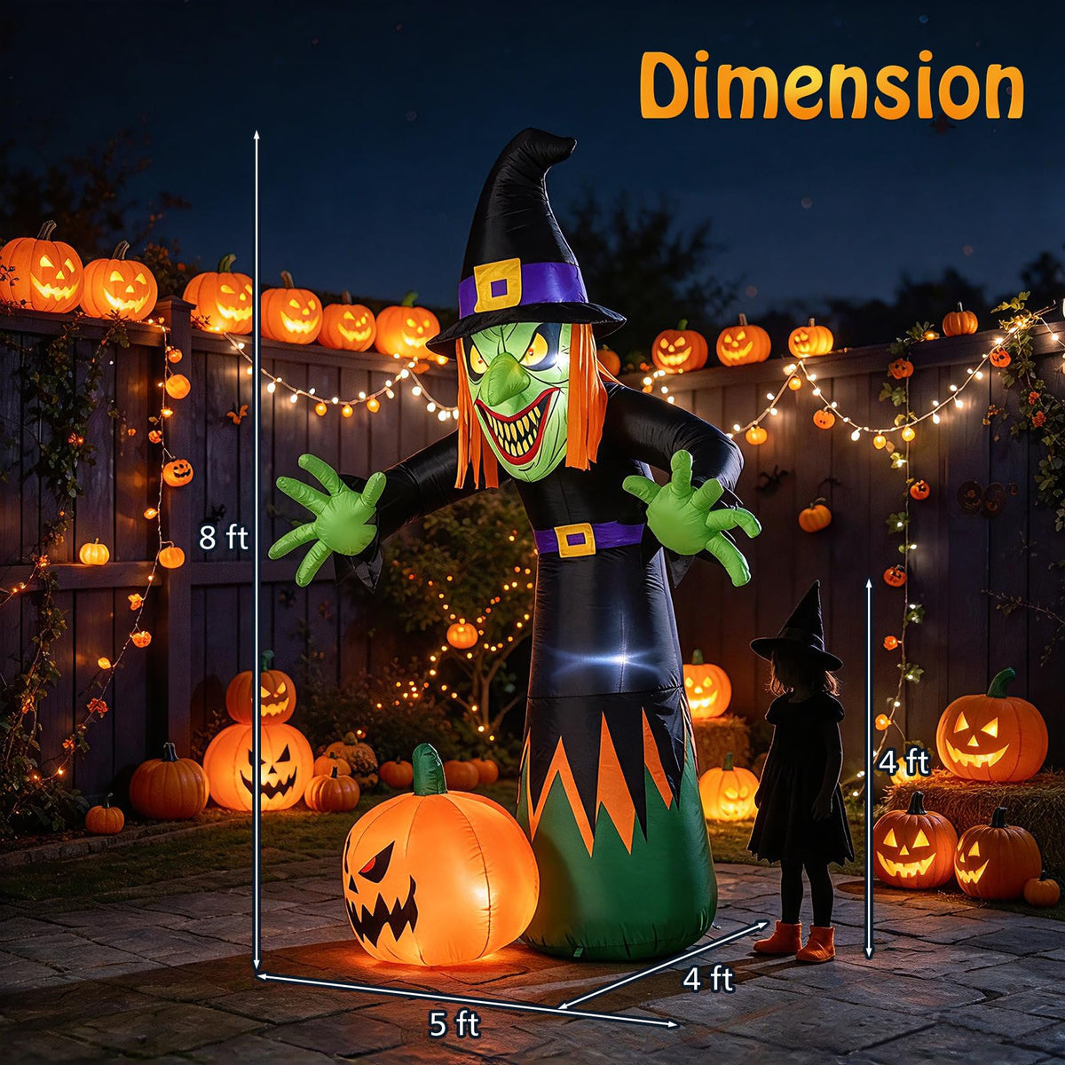 Tangkula 8 FT Halloween Inflatable Witch & Pumpkin with Built-in LED Lights
