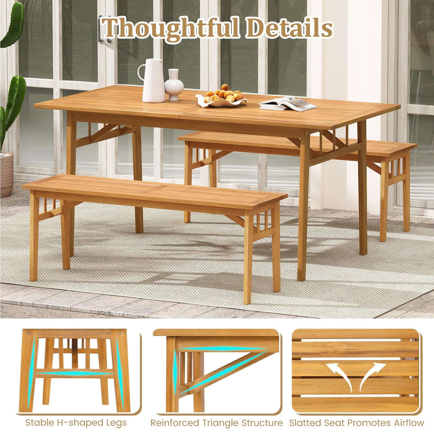 Tangkula 48” Long Patio Dining Bench with Slatted Seat