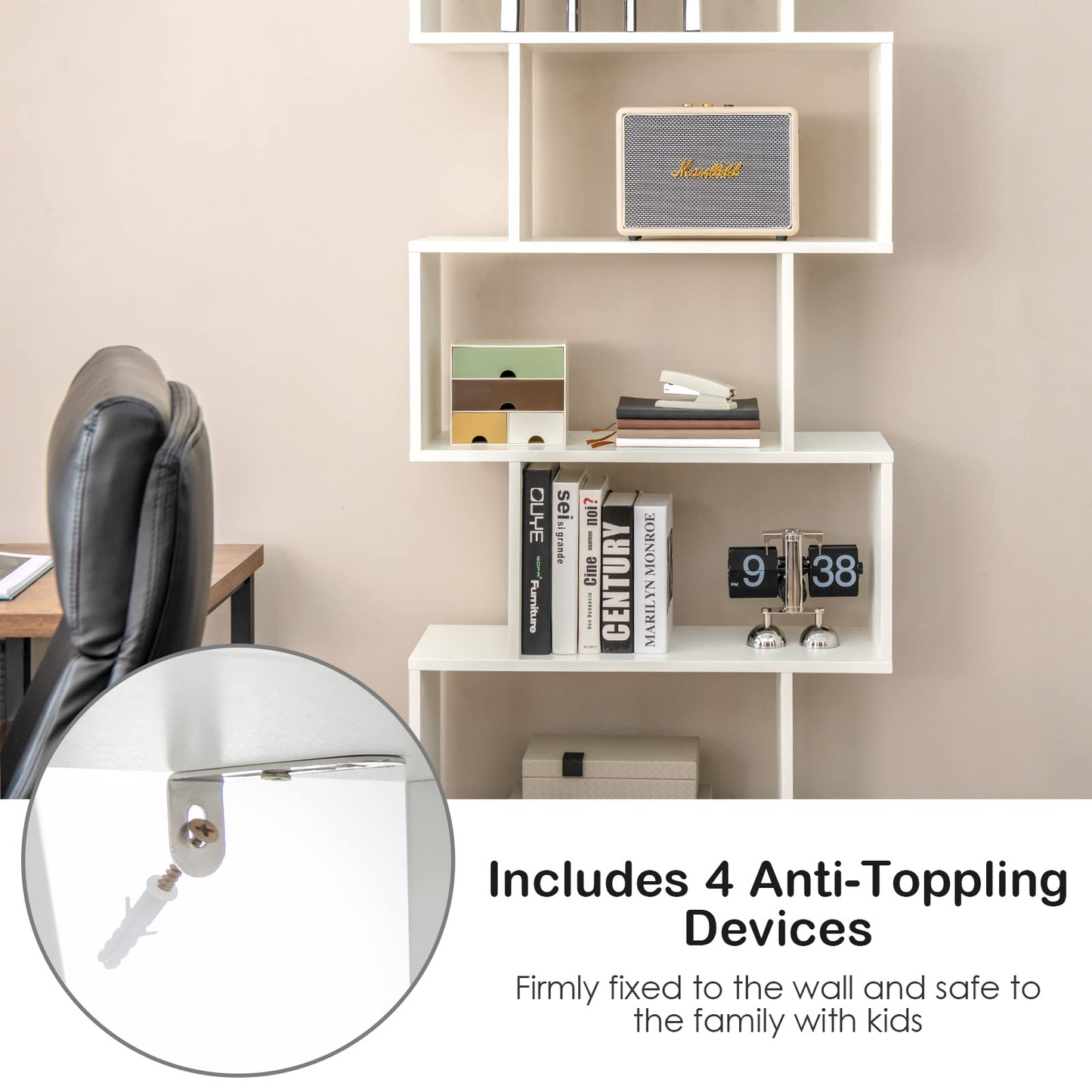 Tangkula S Shaped Bookshelf with Cabinet, 6-Tier Bookcase with Doors, Freestanding Geometric Bookshelves for Living Room