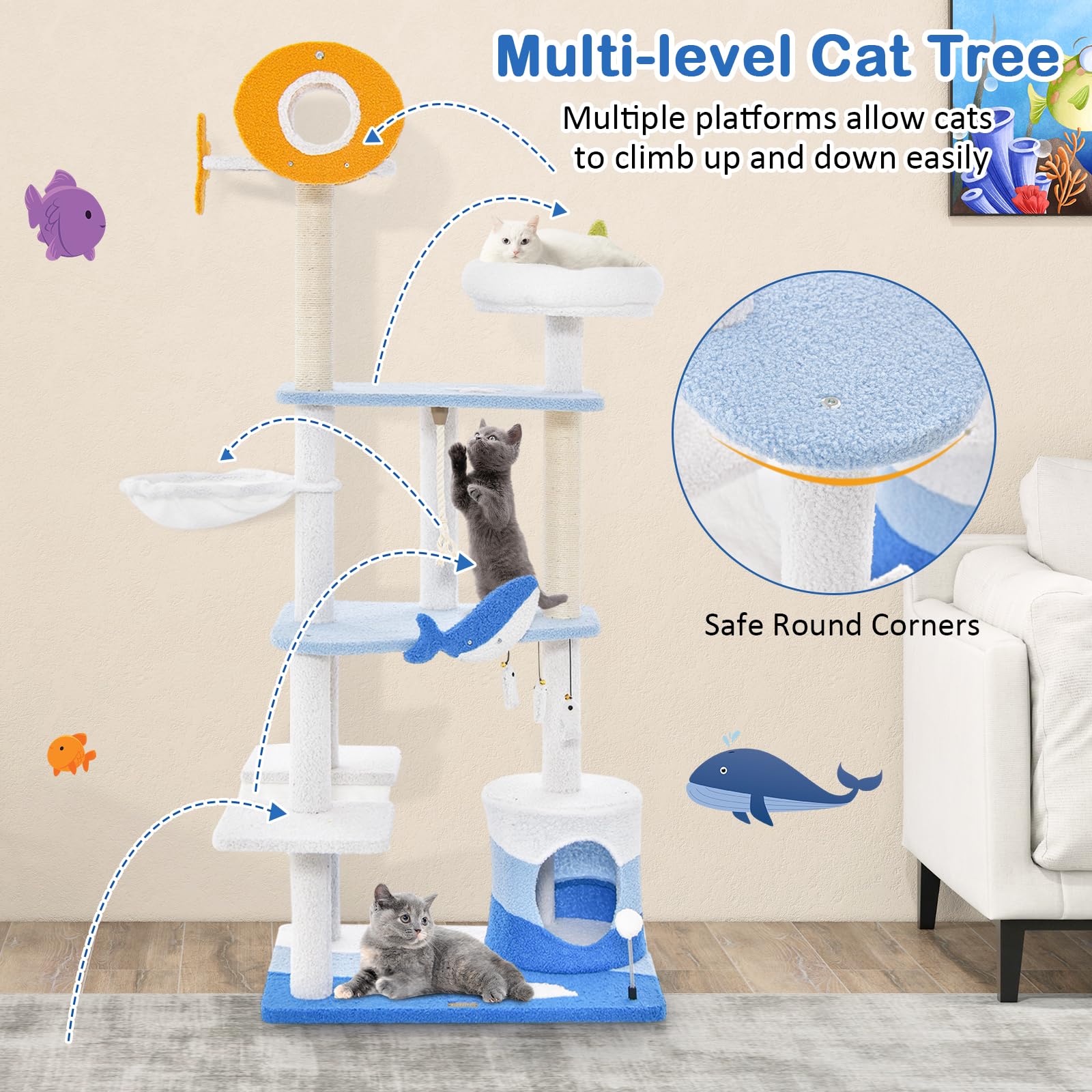 Ocean-Themed Cat Tree, 3-Level Cat Tower - Tangkula