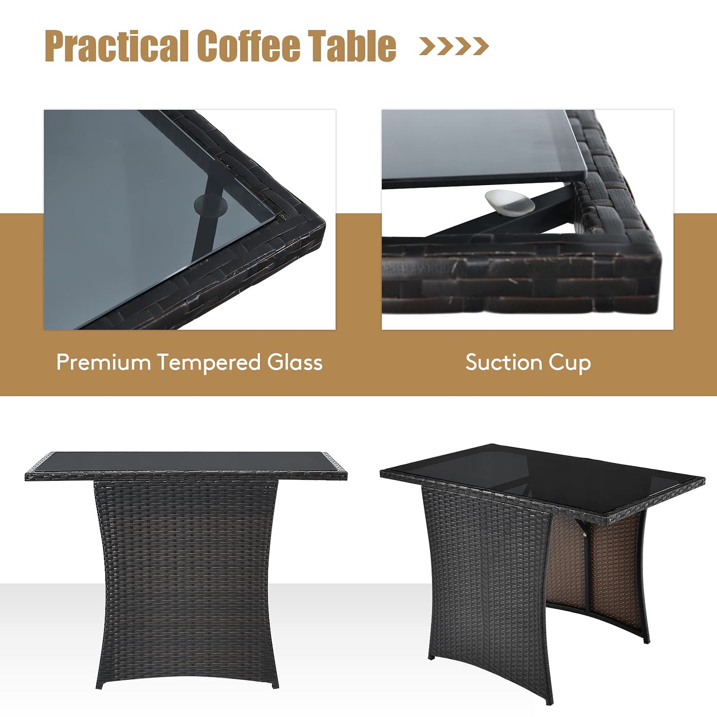 3 Pieces Patio Dining Set, Space-Saving PE Rattan Bistro Set with Tempered Glass Top Table and Cushioned Chairs
