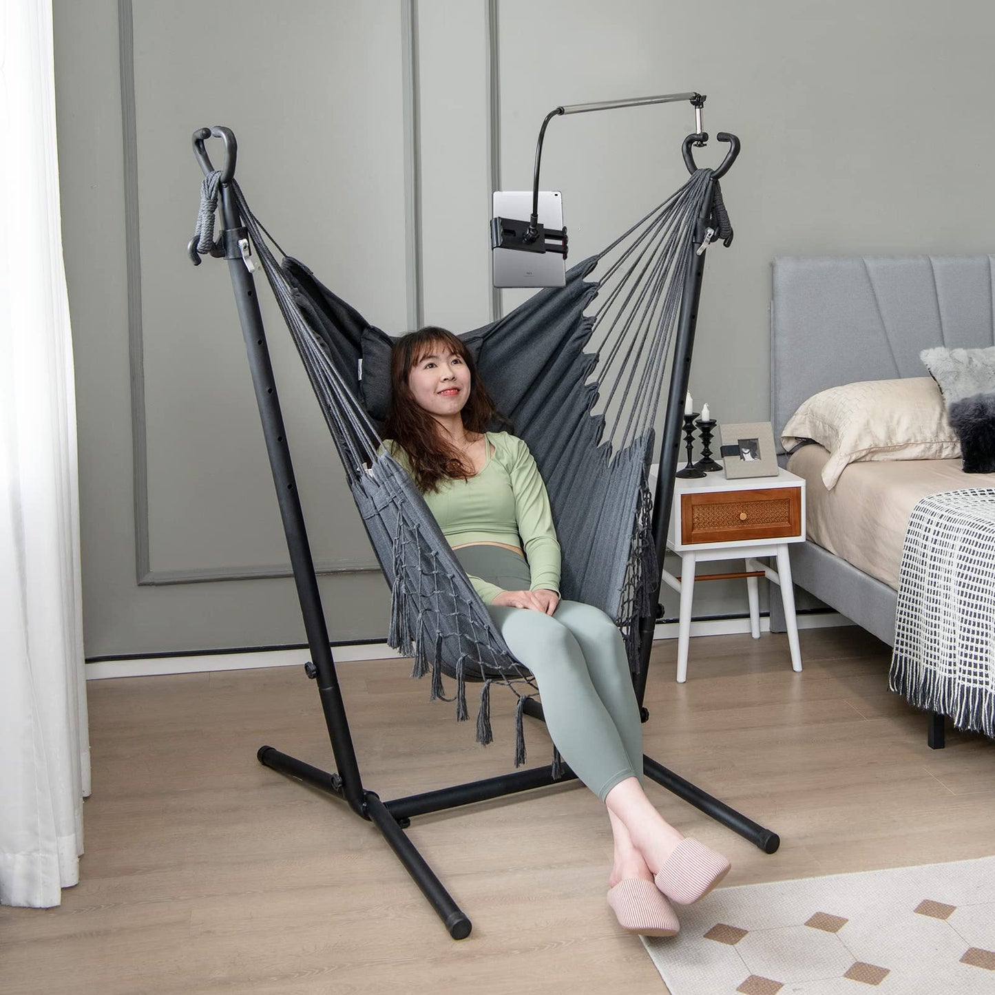 Tangkula Hammock Chair with Stand, Bohemian Style Height Macrame Swing Chair with Stand
