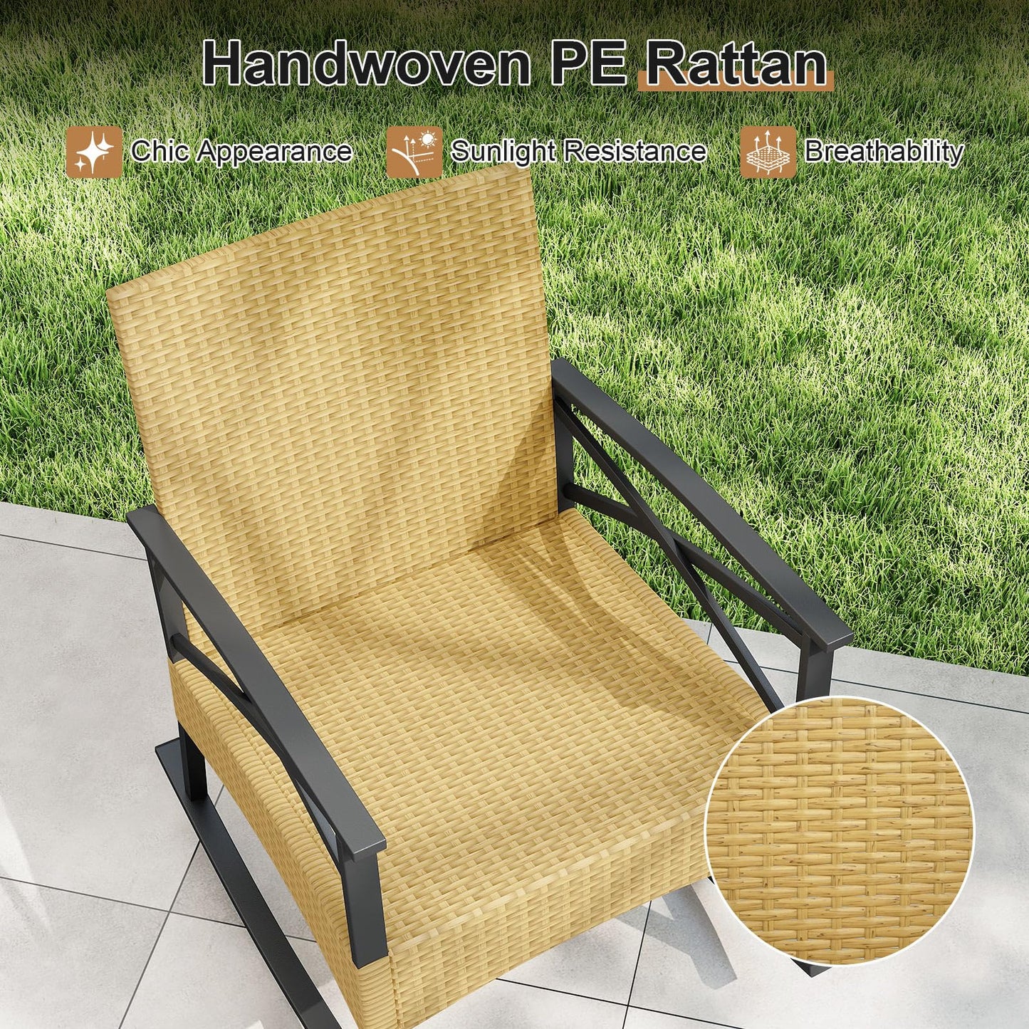 Tangkula Lot de 3 fauteuils à bascule robustes en rotin avec coussins