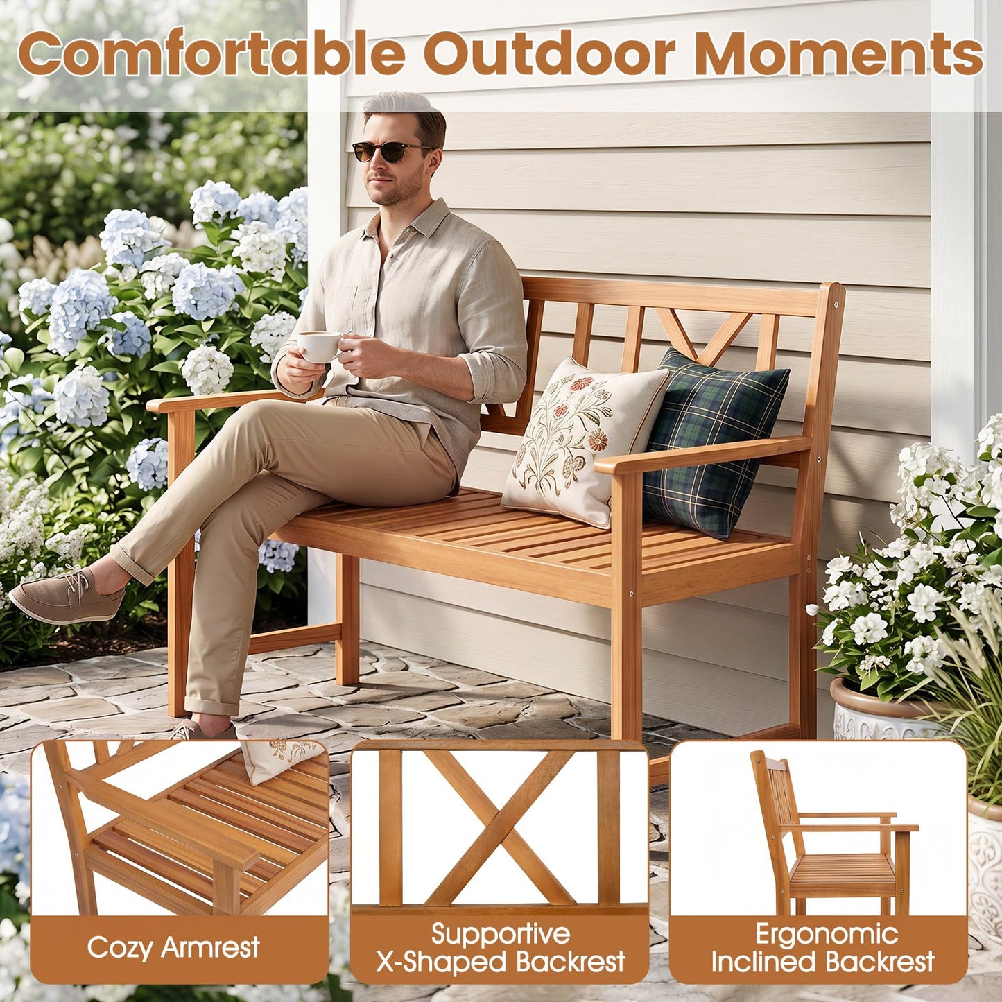 Tangkula 2-Person Acacia Wood Outdoor Garden Bench with Cushion(Without seat cushion)