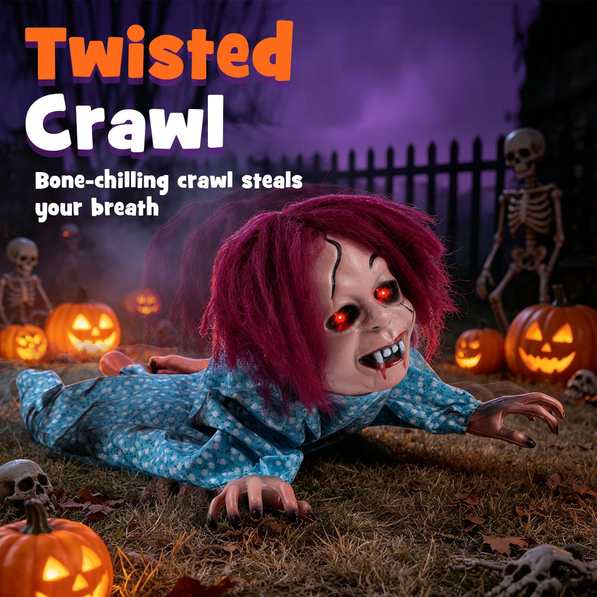 Tangkula 28" Halloween Animated Crawling Baby Doll with Glowing Eyes