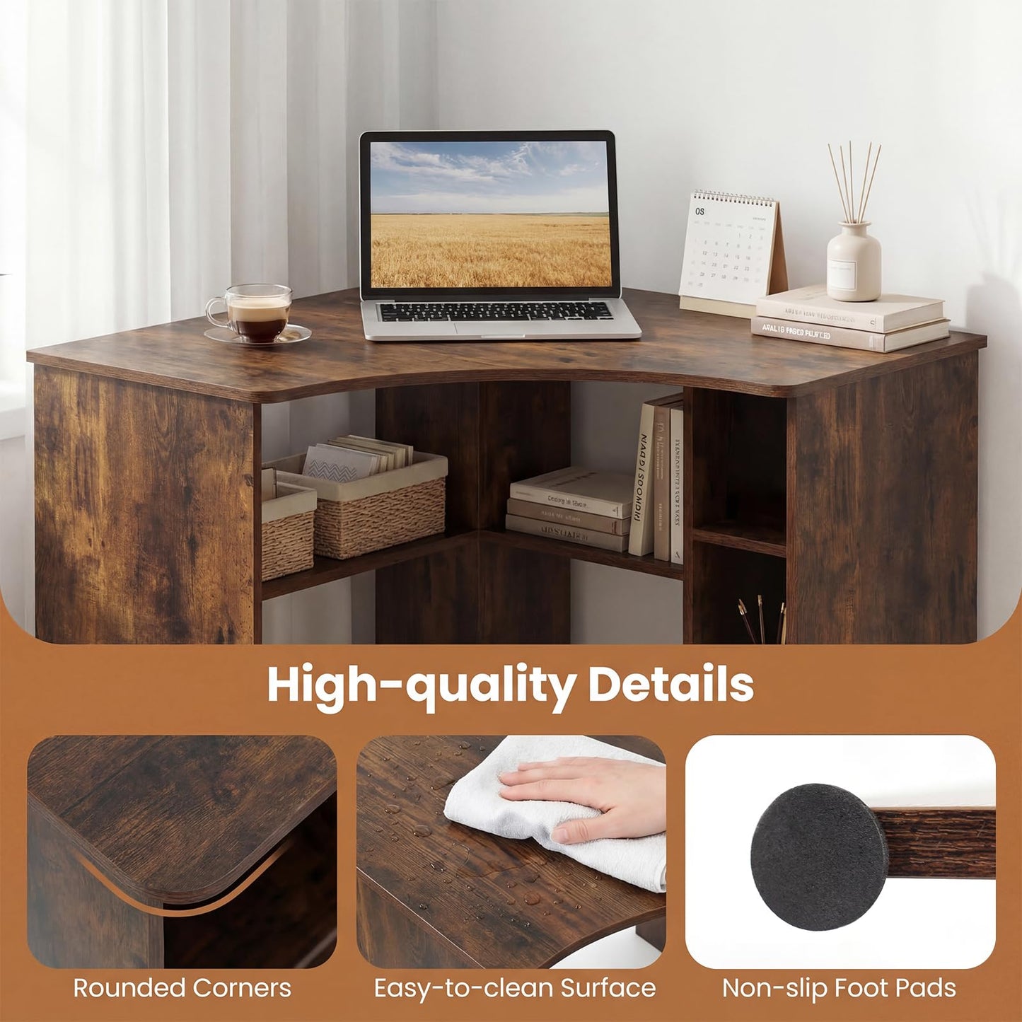 Tangkula 90-Degree Triangle Computer Desk with Ergonomic Curved Edge & Open Storage Shelves