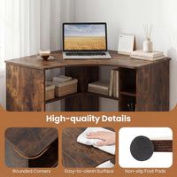 Tangkula 90-Degree Triangle Computer Desk with Ergonomic Curved Edge & Open Storage Shelves