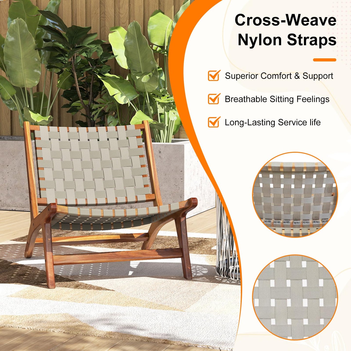 Tangkula Patio Teak Wood Chair with Nylon Webbing Seat & Back
