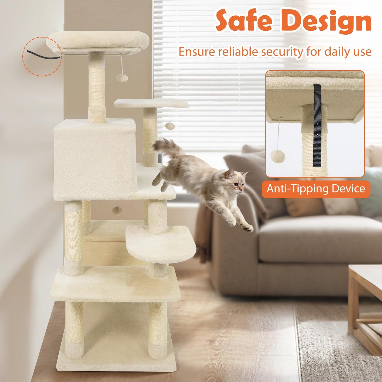 Arbre à chat multi-niveaux Tangkula de 147 cm avec poteaux à griffer en sisal pour chats d'intérieur
