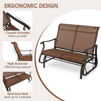 Tangkula Patio Glider Bench, 2-Person Outdoor Rocking Bench with High Back & Curved Armrests(Brown)