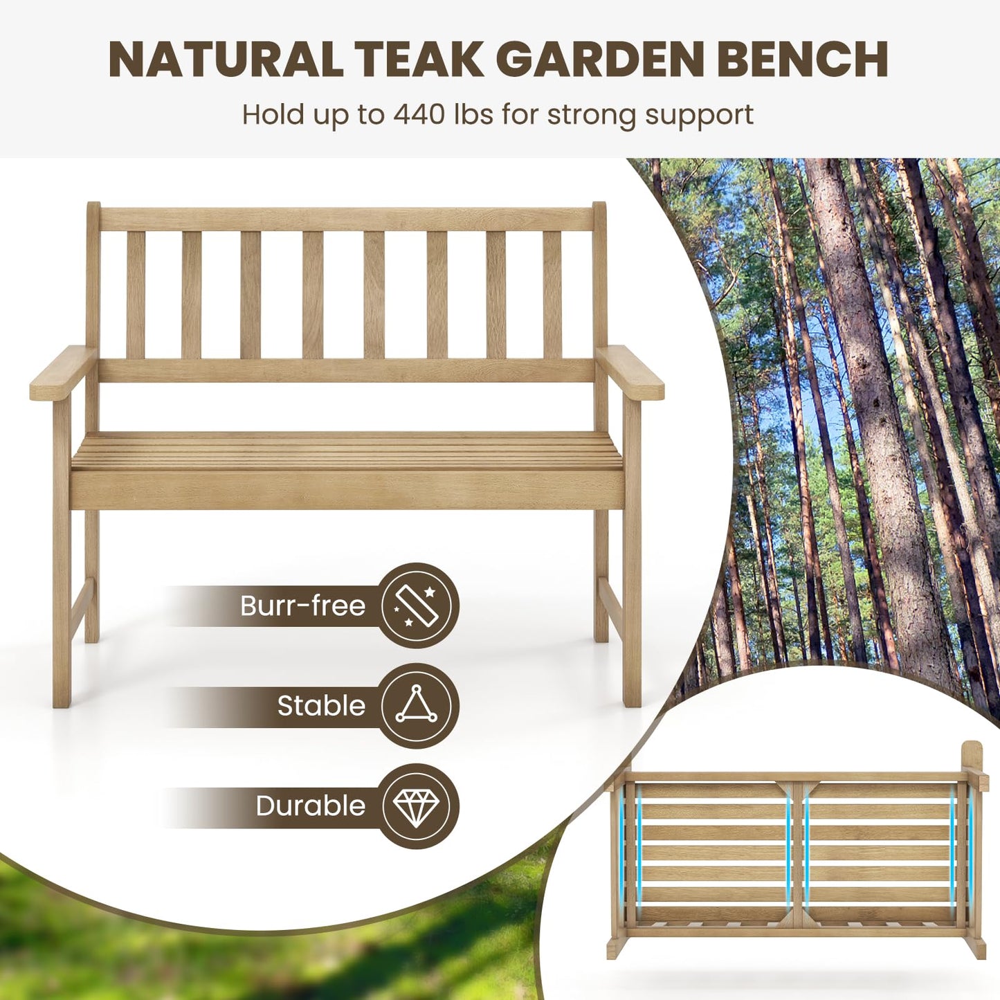 Tangkula Outdoor Teak Wood Garden Bench, 2-Person Patio Bench with Backrest and Armrests