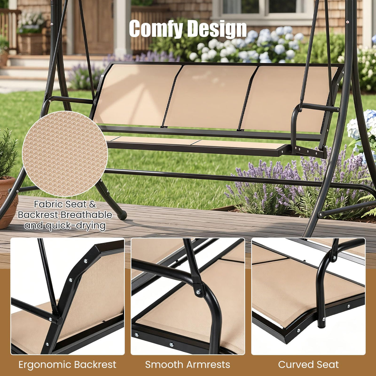 Tangkula 3 Person Porch Swing with Adjustable Canopy