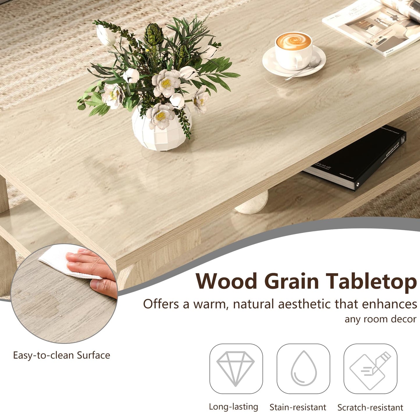 Tangkula 2 Tier Coffee Table with Large Tabletop for Living Room