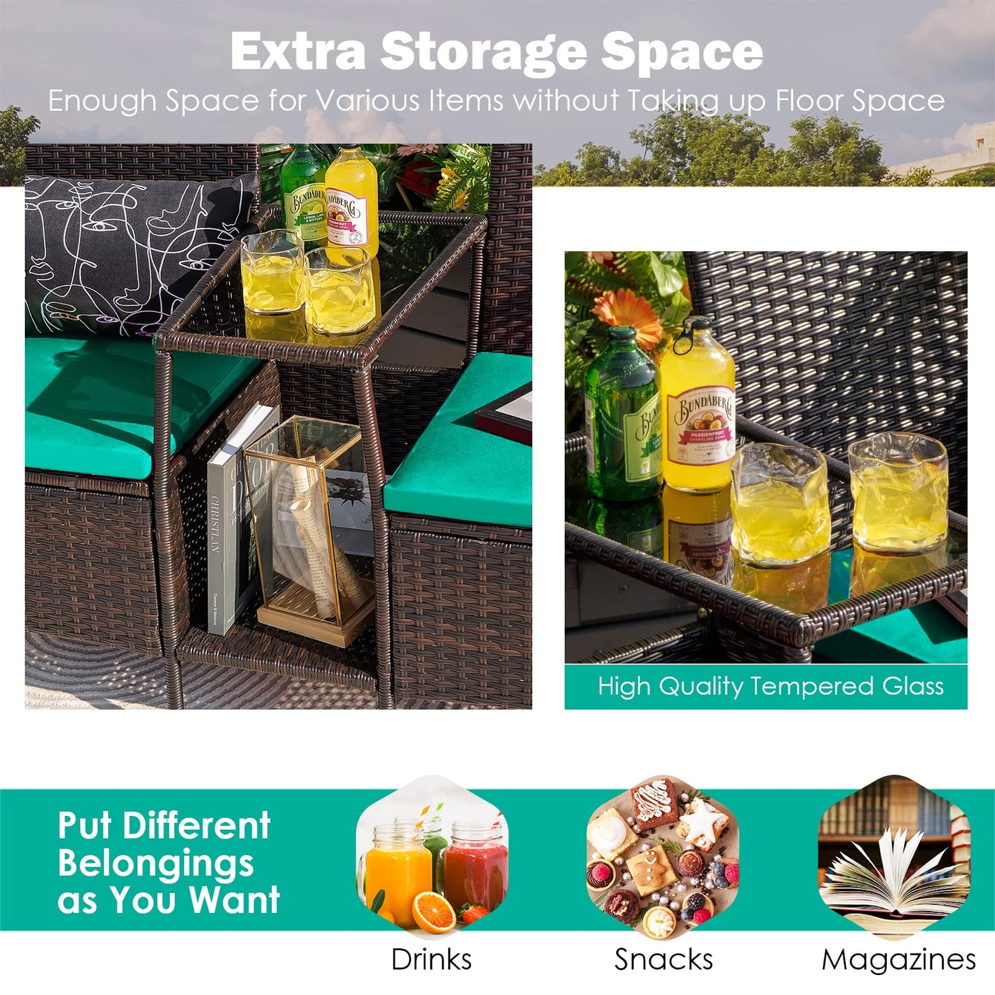 PE Wicker Outdoor Furniture Set, 2 Cushioned Seats and Tempered Glass Table