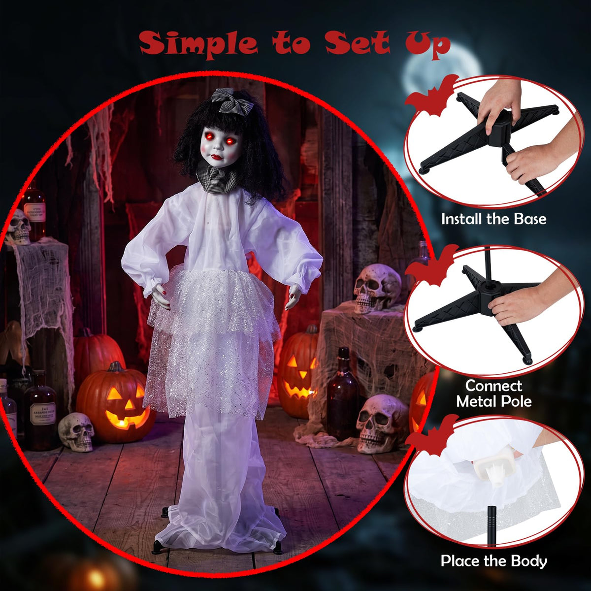 Tangkula 4 FT Animated Halloween Doll Girl with Shaking Head & Posable Arms
