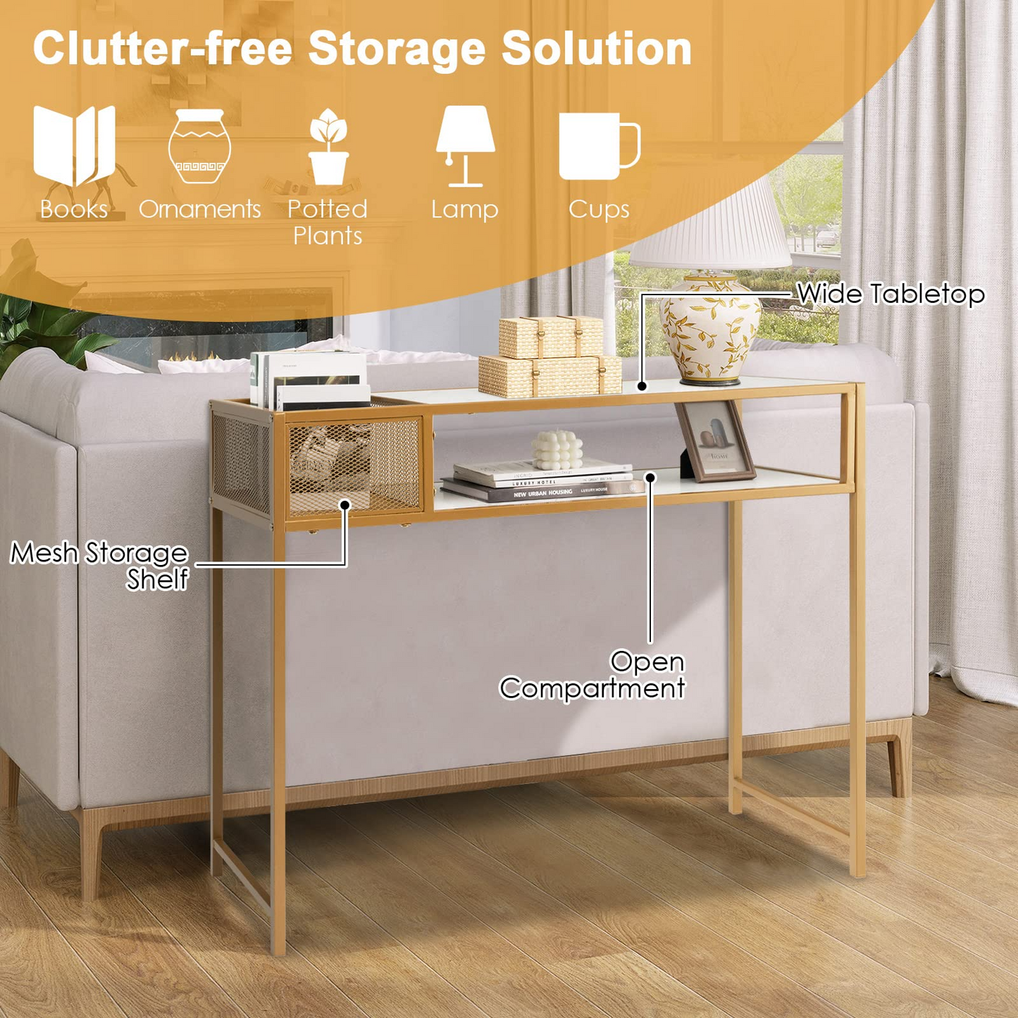 Tangkula Console Table, 2-Tier Faux Marble Sofa Table with Open Storage Shelf, Gold Steel Frame, Modern Entryway Table