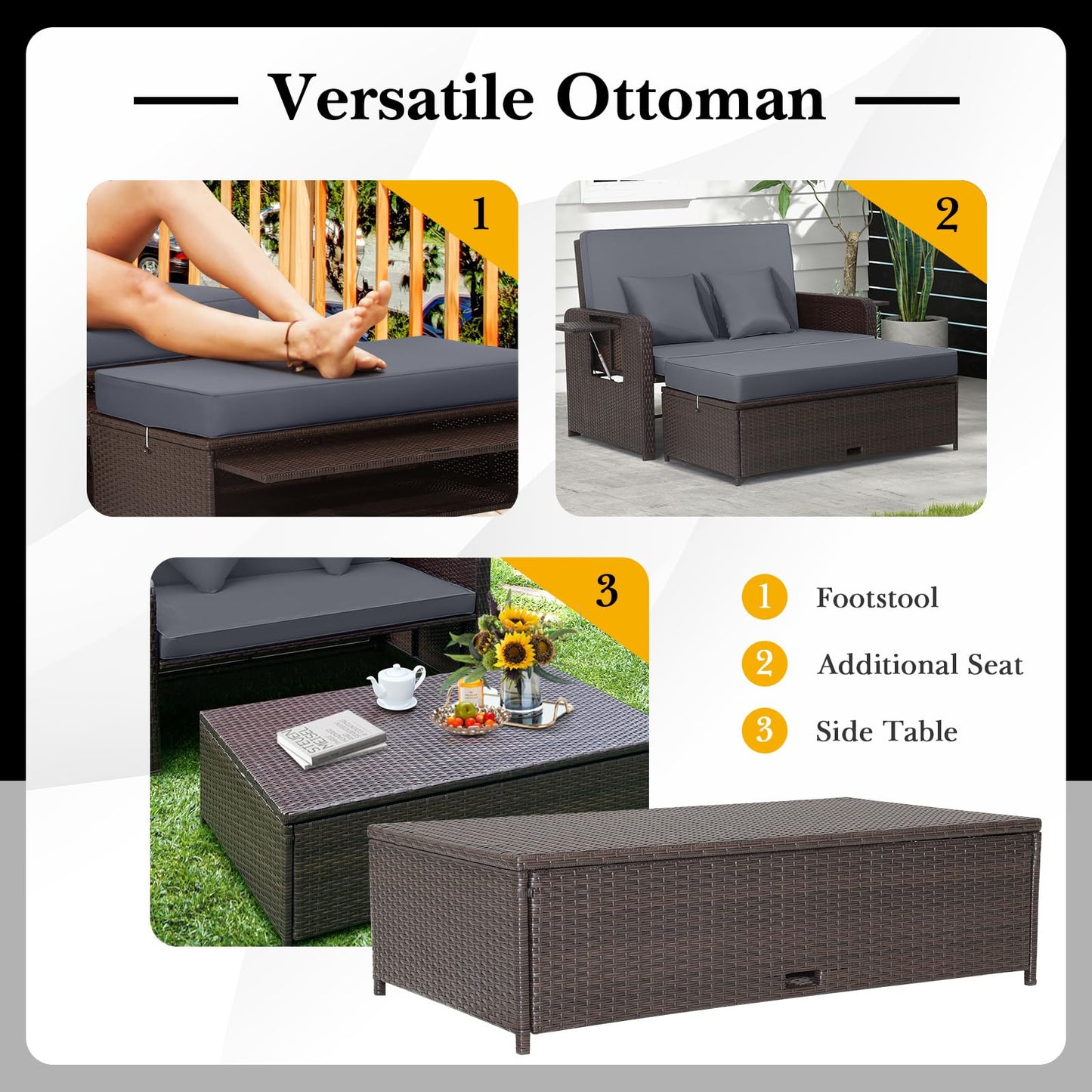 Outdoor PE Wicker Loveseat with Storage Ottoman & Folding Side Tray - Grey