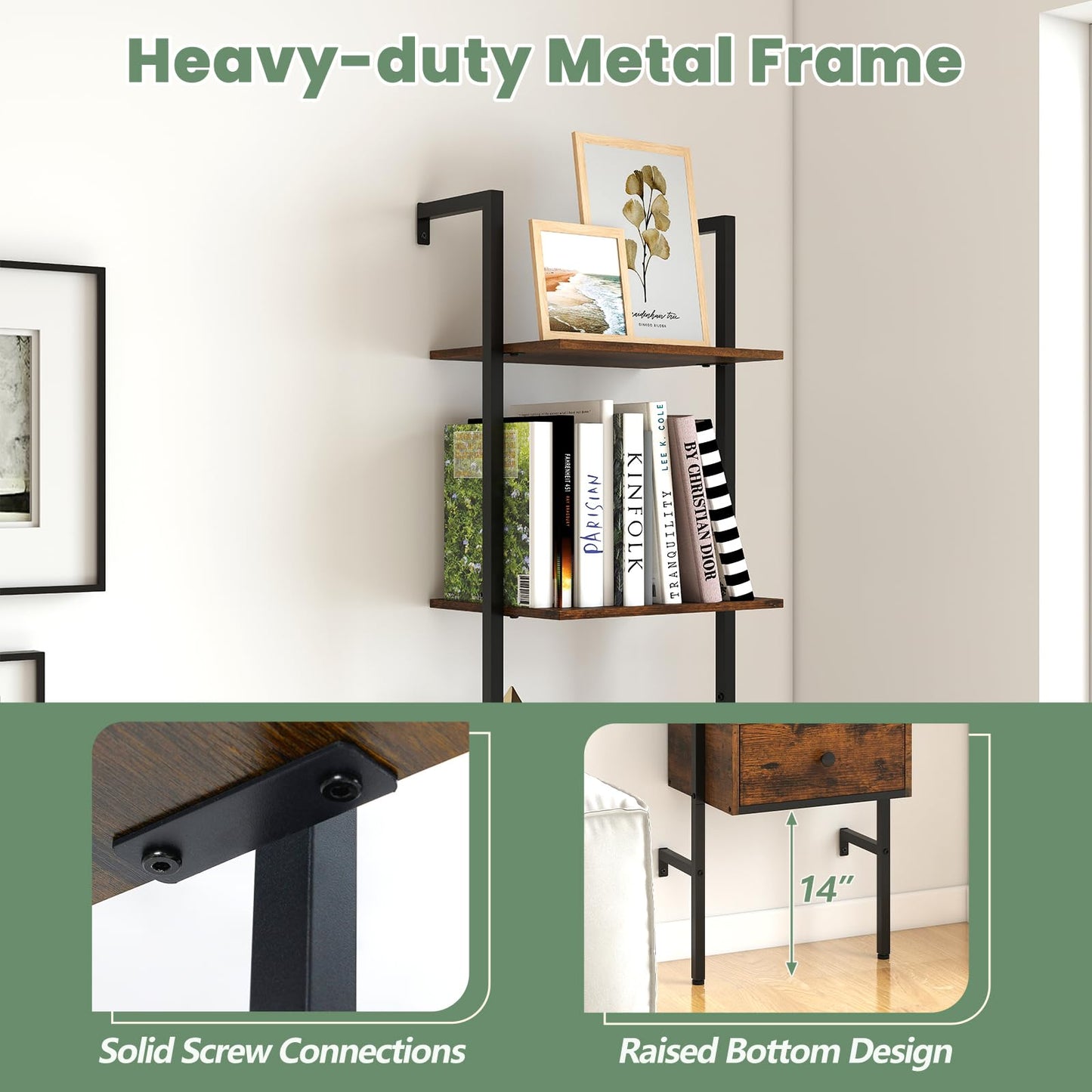 Tangkula 5-Tier Ladder Bookcase with Drawer and Metal Frame for Study Home Office