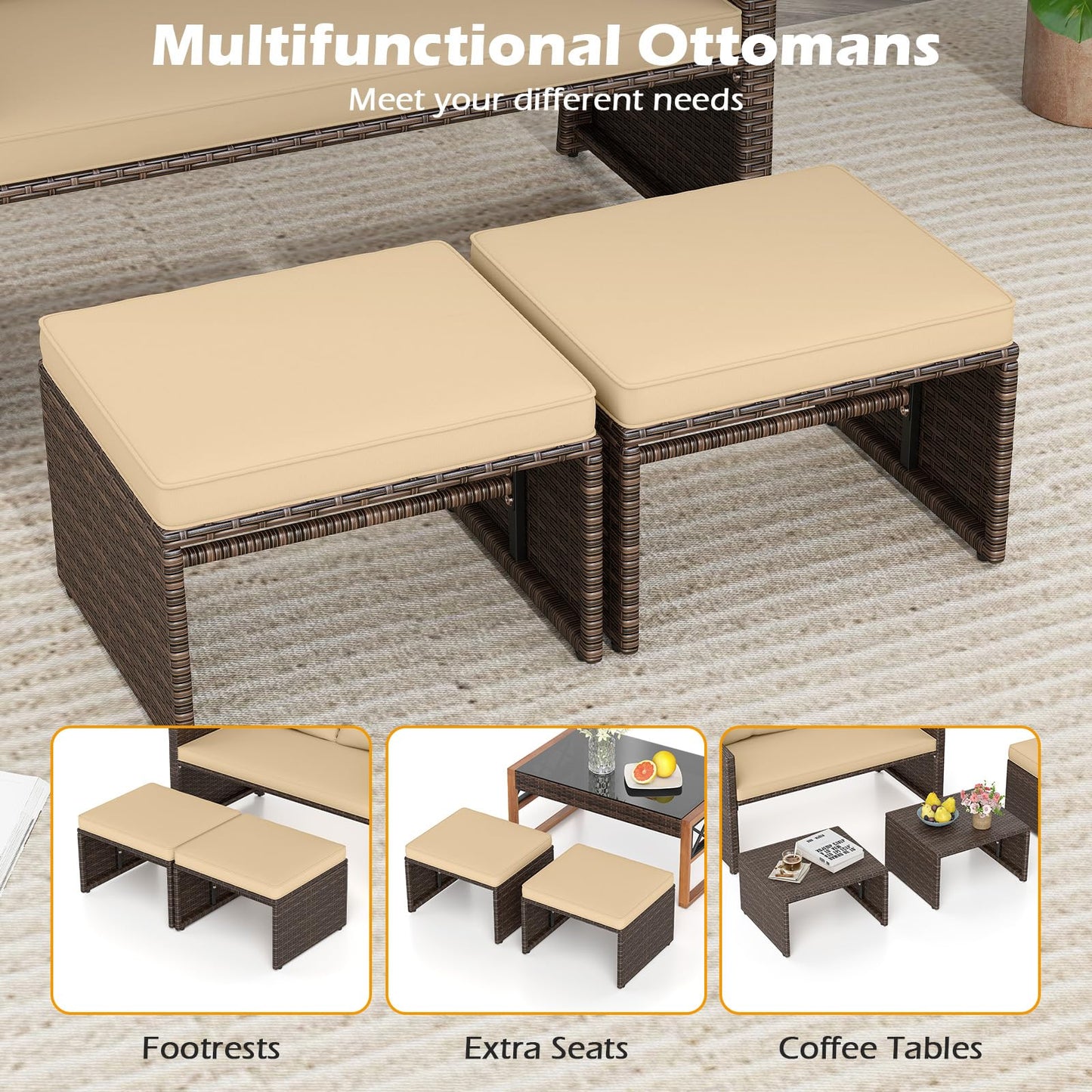 Tangkula Causeuse d'Extérieur 3 Pièces avec 2 Ottomans