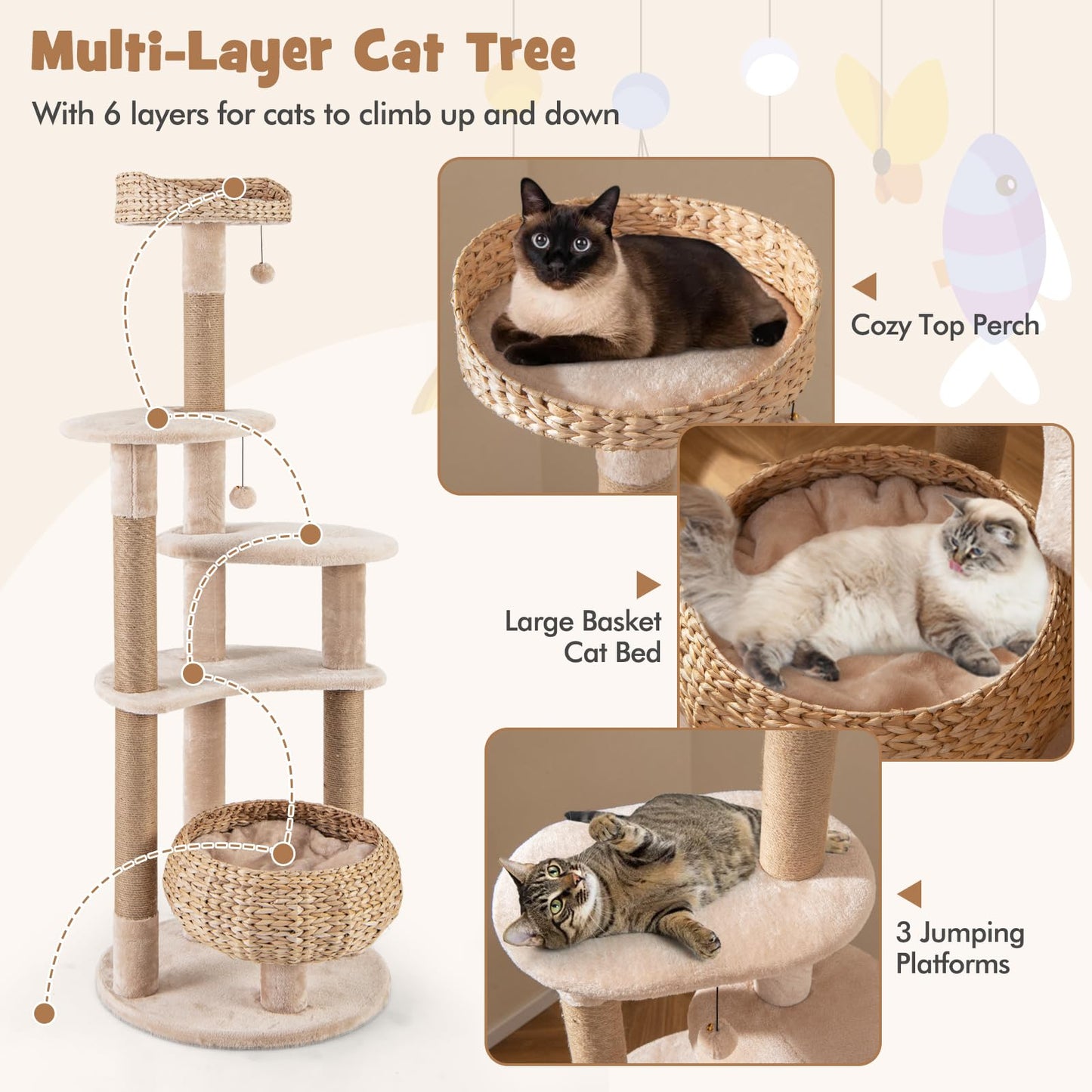 Arbre à chat moderne Tangkula, tour à chat de 65 pouces avec poteaux à griffer en jute