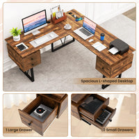 Tangkula 59" L-Shaped Office Desk with 3 Drawers & Charging Station