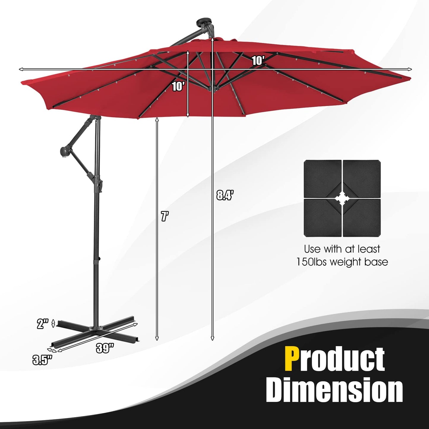 Tangkula 10 ft Cantilever Umbrella w/32 Solar-Powered LED Lights, Functional Tilting System & Hand-Crank Mechanism