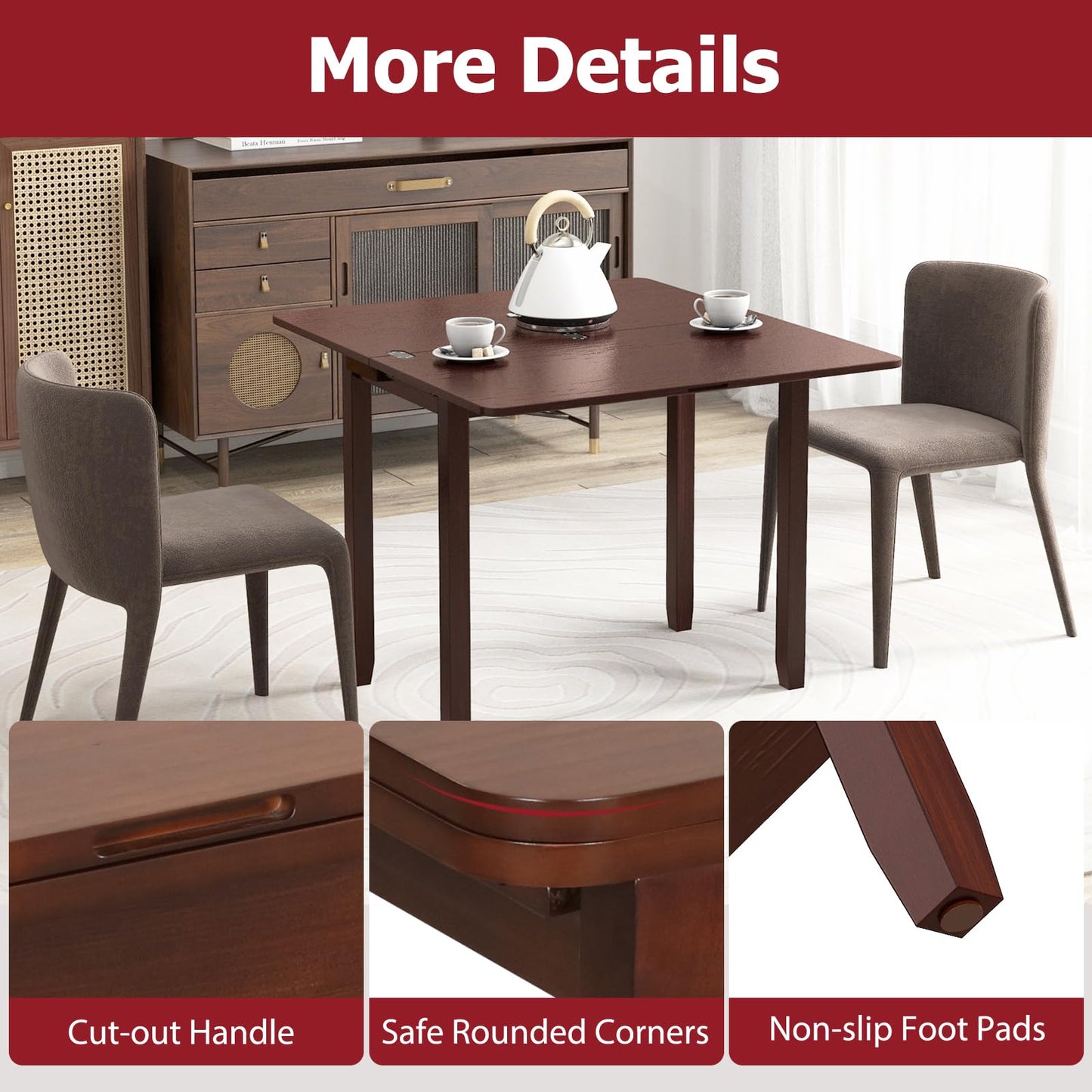 Tangkula 40" Foldable Dining Table w/Solid Rubber Wood Legs
