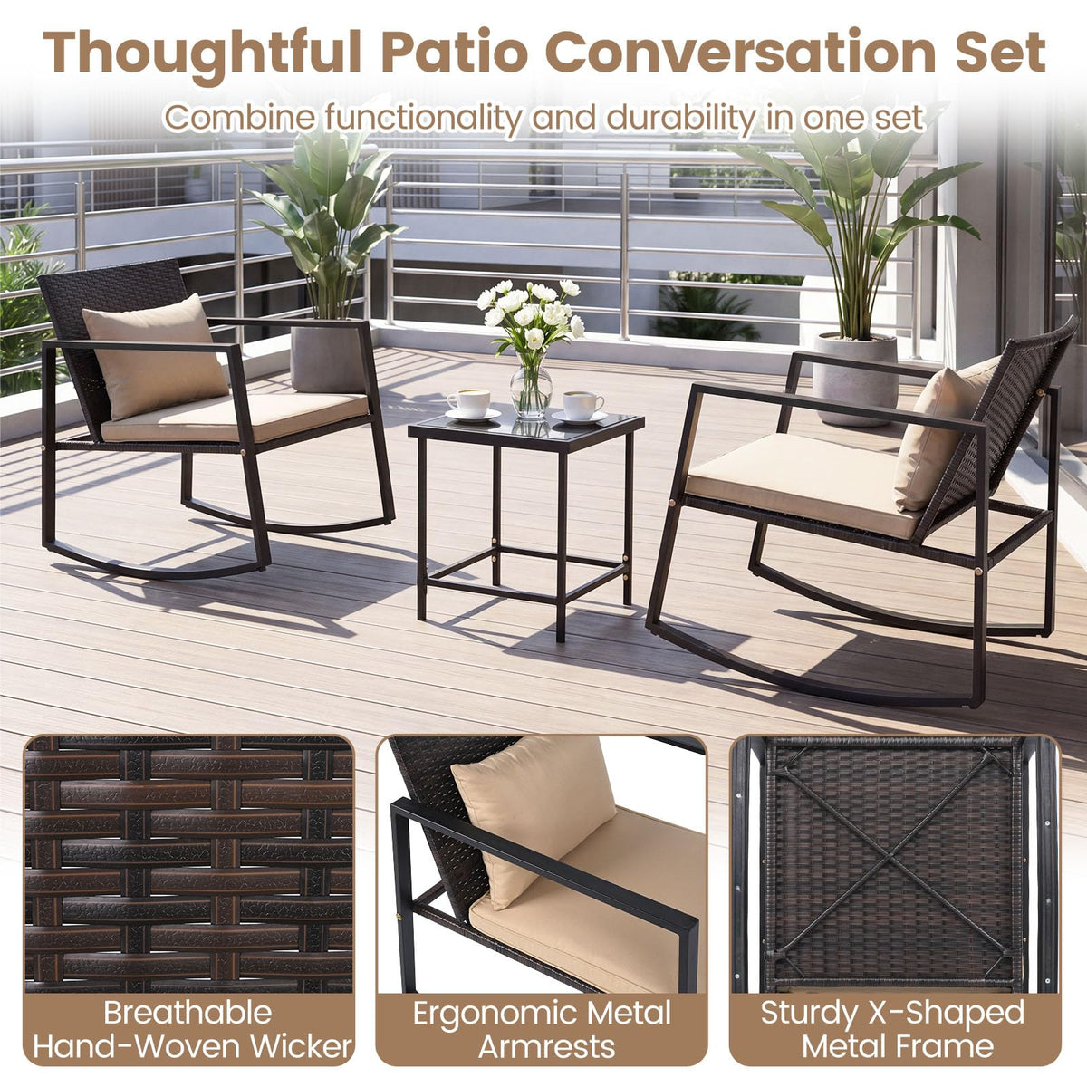Tangkula 3-Piece Outdoor Rocking Chair Set for Garden Balcony Backyard