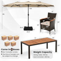 Tangkula 10 Piece Patio Rattan Dining Set with 15Ft Double-Sided Umbrella, Outdoor Acacia Wood Table and Wicker Chairs Set