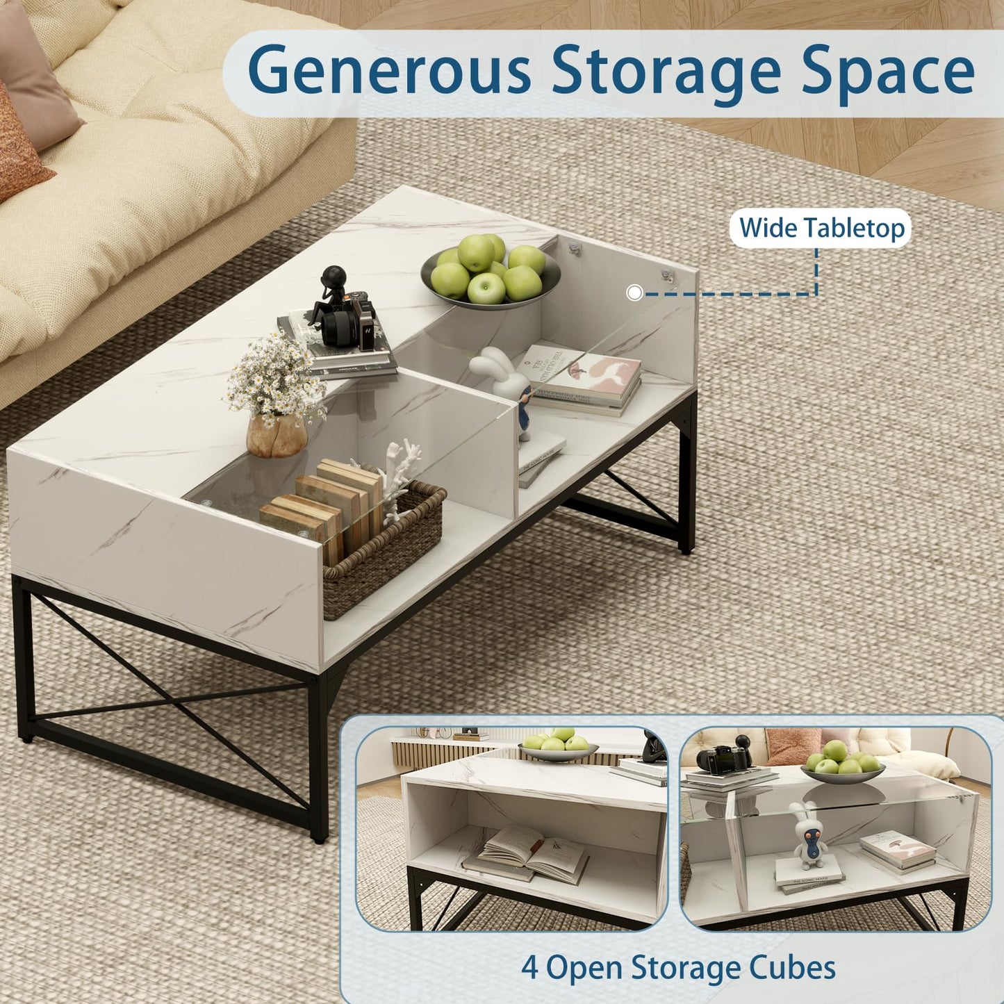 Tangkula LED Coffee Table with 4 Storage Cubes