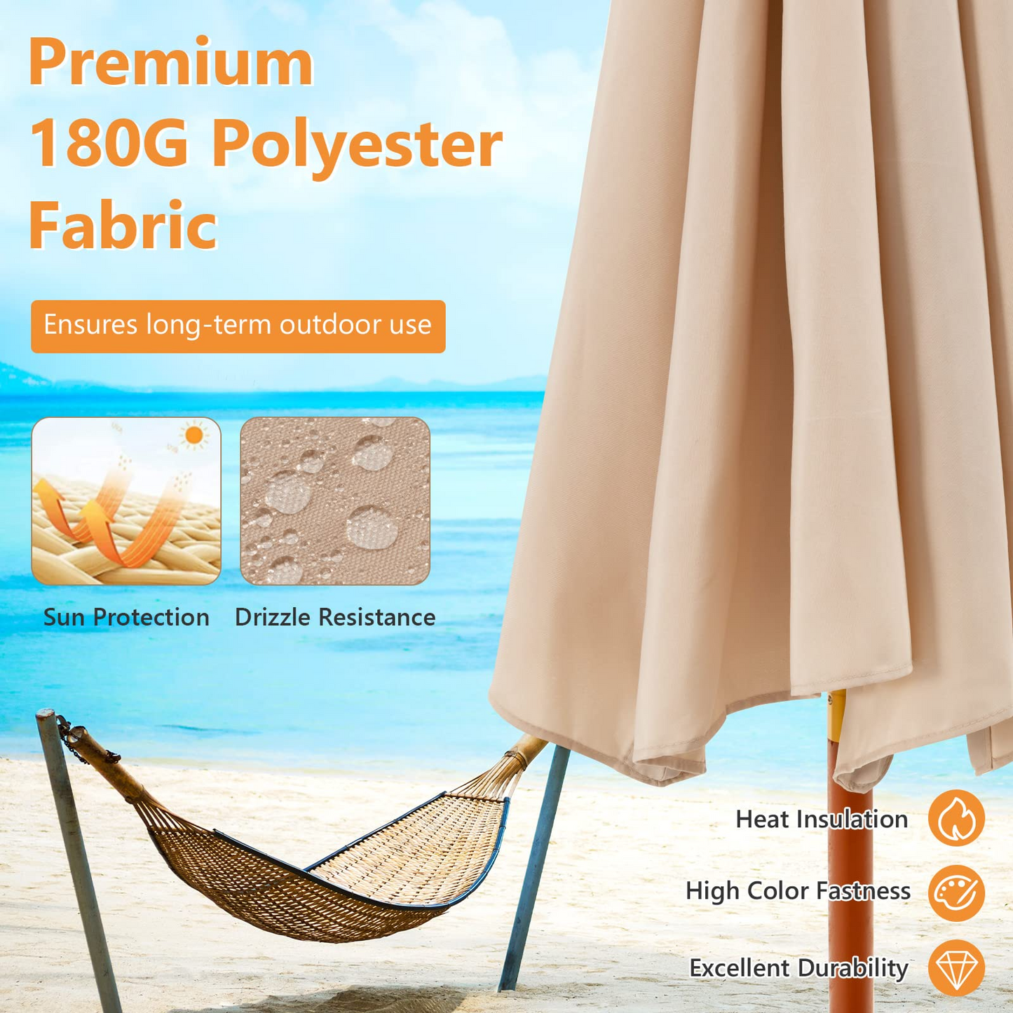 TANGKULA 9.5 FT Pulley Lift Round Patio Umbrella, Wooden Market Umbrella