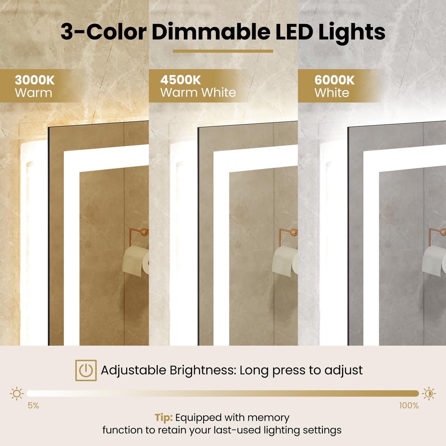 Tangkula 45" x 28" Miroir de salle de bain mural à LED avec lumières dimmables 3 couleurs