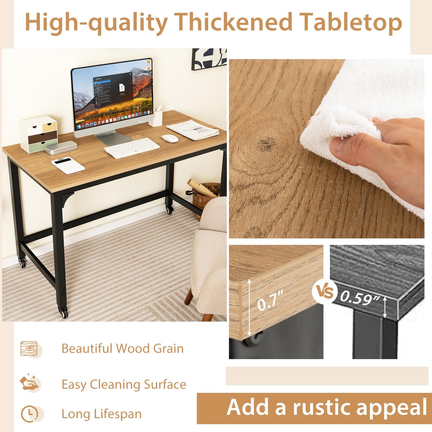Mobile Computer Desk, Simple Style Rolling Home Office Desk Study Table Writing Desk