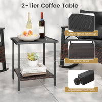 Tangkula 3 Piece Rattan Rocker Bistro Set with Double-Tier Side Table for Porch Balcony Backyard