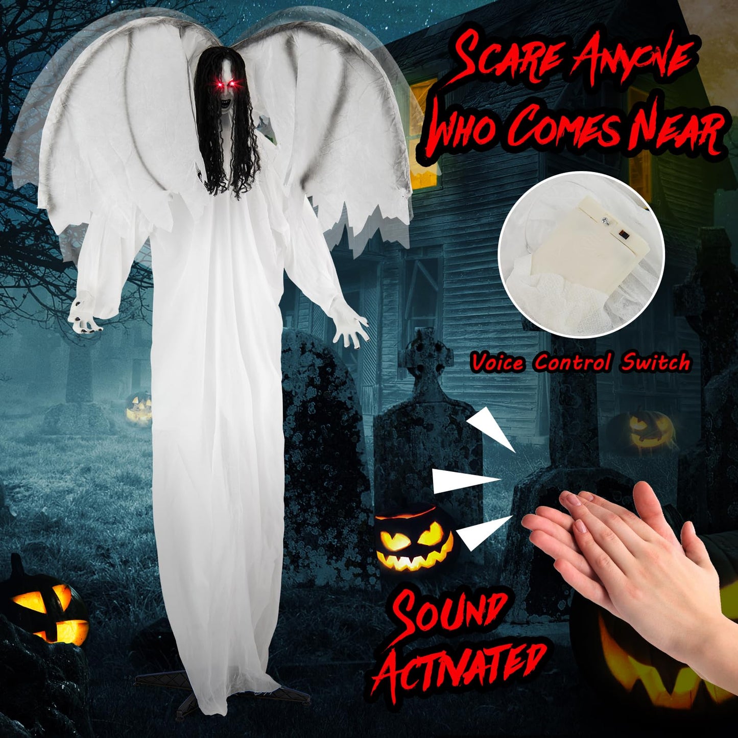 Tangkula 6.6 Feet Halloween Animatronic Standing Angel with Sound-Activated Light-up Eyes and Flapping Wings
